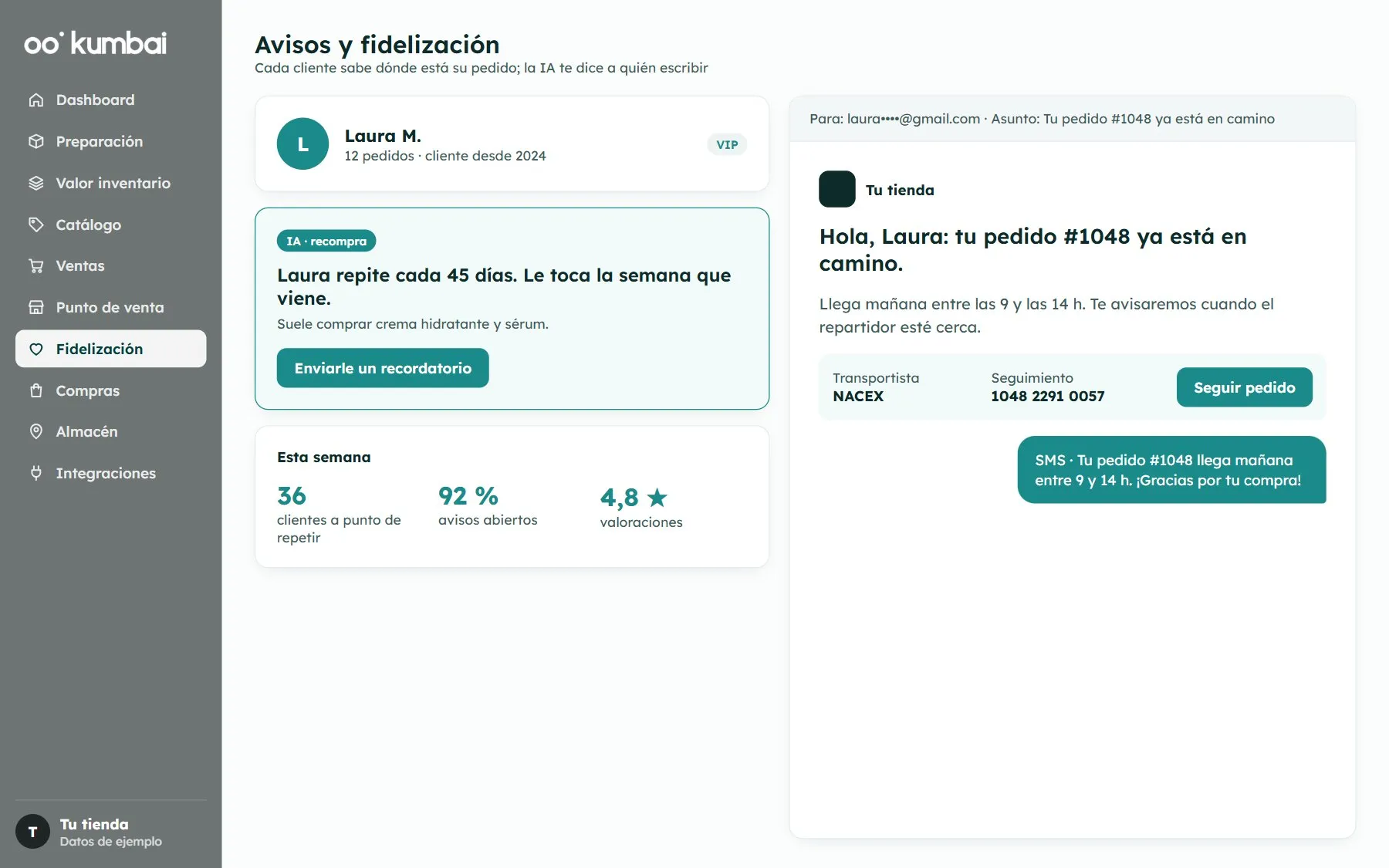 Kumbai: avís al client i recompra amb IA