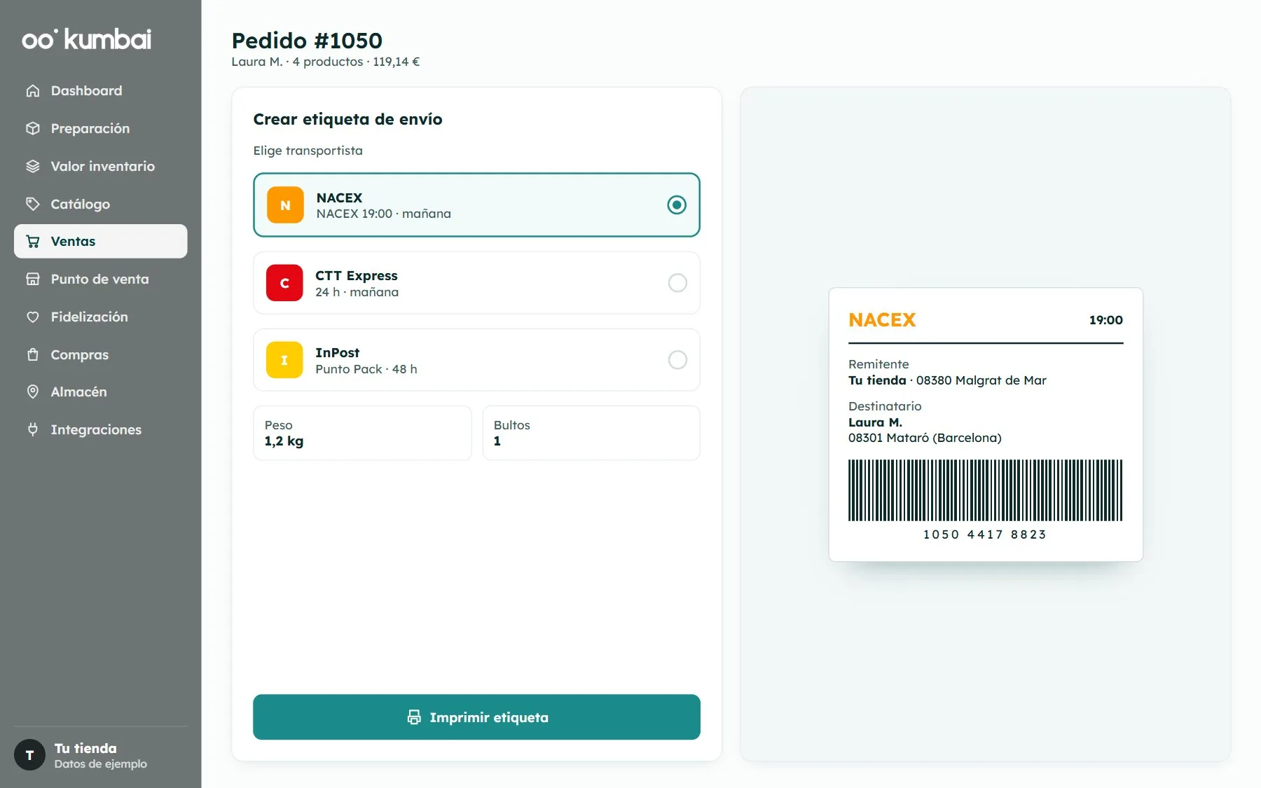 Kumbai: crear l’etiqueta d’enviament