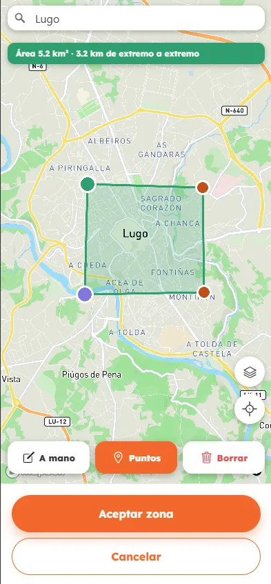 App de Snurkel: una zona dibuixada sobre el mapa de Lugo